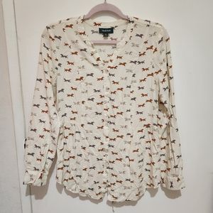 ModCloth Dachshund Long Sleeved Button Up Cream Colored Blouse Women's Size M